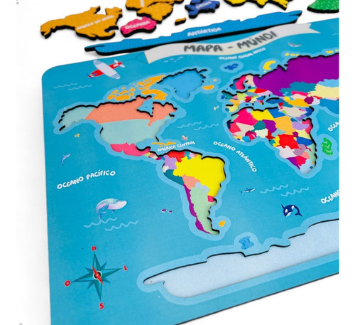 Quebra Cabeça Mapa Múndi Madeira Brinquedo Educativo 25 Pçs