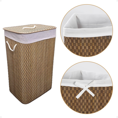 Cesto De Roupas Sujas Bebe Bambu Dobravel Banheiro Forrado Cor Bege Listras