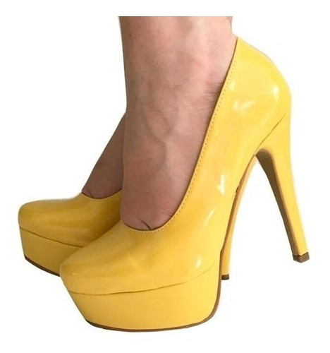 Sapato Scarpin Meia Pata Amarelo Verniz Salto Alto Fino Bico | Mercado Livre