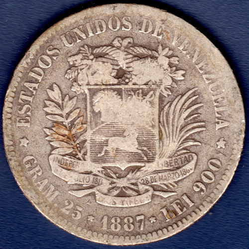 Moneda De 5 Bolívares De 1887 Fuerte De Plata