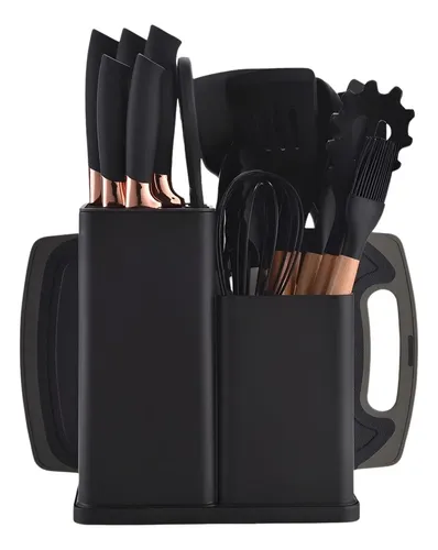 Kit Conjunto 19 Pçs De Utensílios Facas Silicone E Plástico Preto