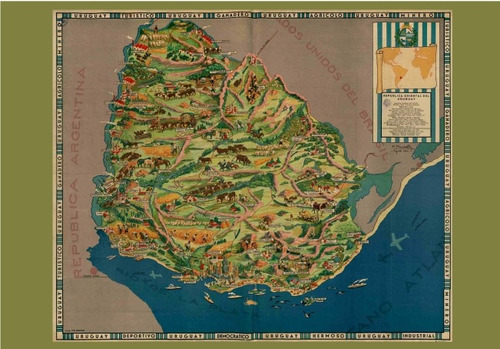 Mapa Antiguo Y Colorido De Uruguay - Lámina 45x30 Cm.