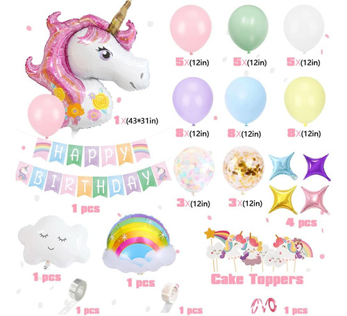 Kit Globos Unicornio Arcoiris Decoración De Cumpleaños Niñas