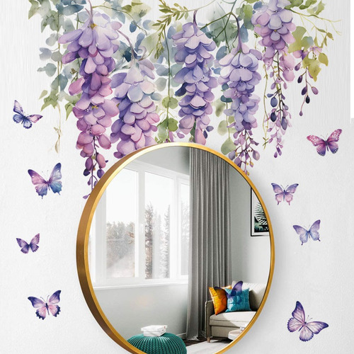 2 Pegatinas De Pared De Pvc Con Mariposas Y Flores Moradas