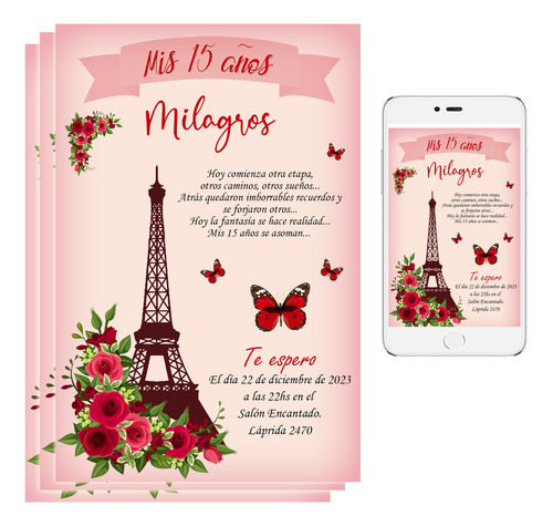 Invitación 15 Años Eifel Tarjeta Digital E Imprimible M2