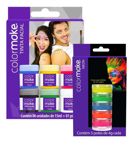 Kit Tinta Facial Color Make 06 Cores + Pincel + 5 Neon 