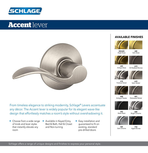 Schlage F170 Acc 619 Cam Lh Palanca De La Puerta De Acento C