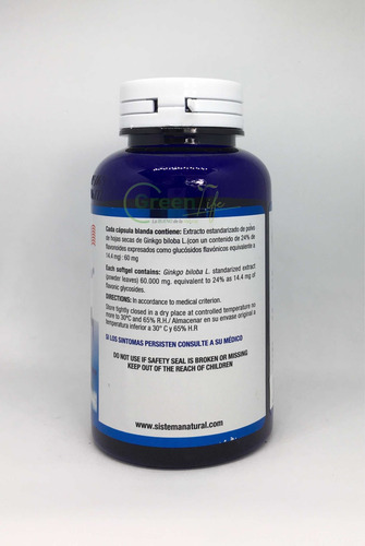Ginkgo Biloba 60mg 100 Cáps Circulación, Oxigenador Cerebral