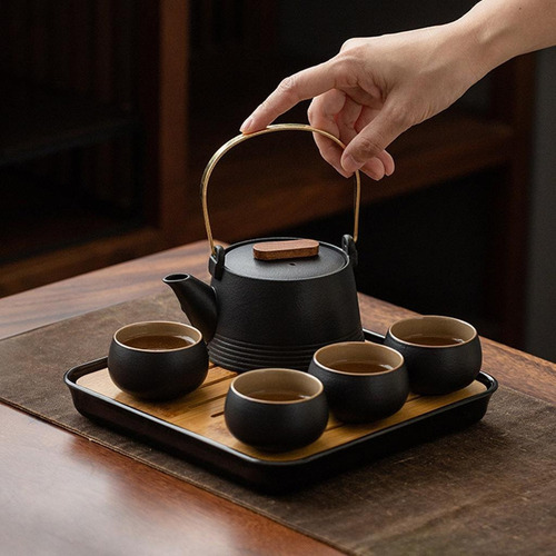 B Juego Té Viaje Cerámica Negra Con Una Tetera Y Cuatro Taza