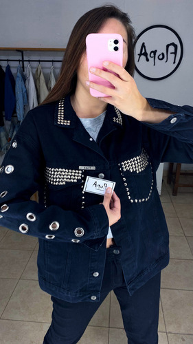 Campera De Jean Con Tachas Y Ojales Larga Oversize Custom