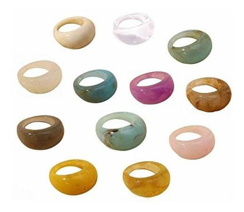 Anillos - 12 Pcs Colorful Resin Rings Wide Thick Dome Knuckl