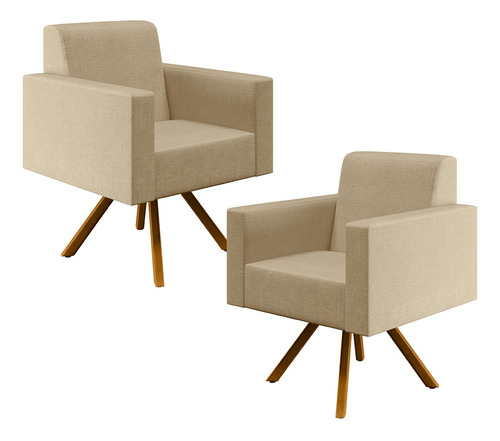 Kit 02 Poltronas Decorativa Giratória Base de Madeira Helô L02 Linho Bege Escuro