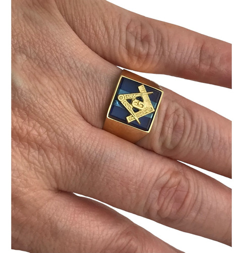 Anel Ouro 18k Triangulo G Quadrado Pedra Azul Maçon Maçom K7