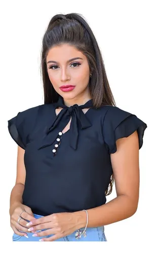 Blusa Feminina Social Preta Moda Evangelica - Frederica