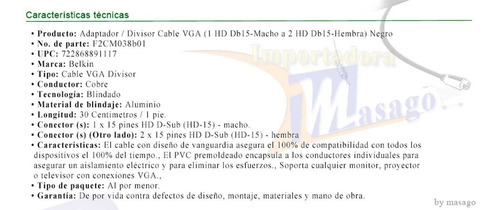Imagen 5 de 6 de Cable Vga Divisor 1 Db15 M A 2 Db15 H 30cm F2cm038b01 Belkin