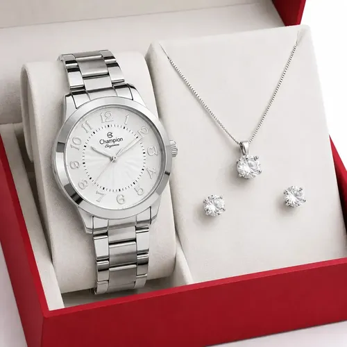 Kit Relógio Feminino Analógico Champion Original Prata CN25118Q Prova D´Agua 50 Metros + Colar E Brincos Presente Perfeito