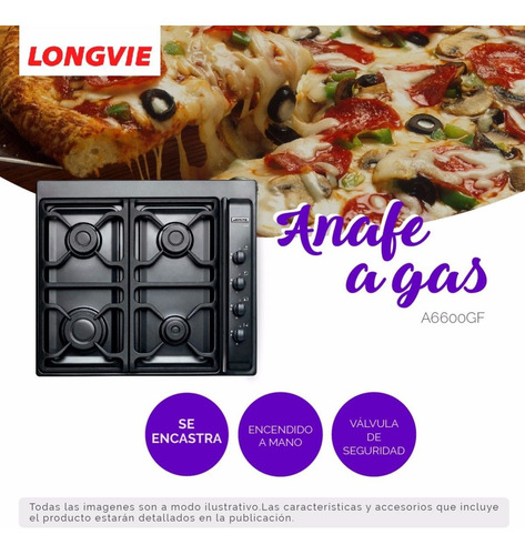 Imagen 3 de 6 de Anafe De Empotrar Multigas Longvie A6600gf Grafito Negro Pc
