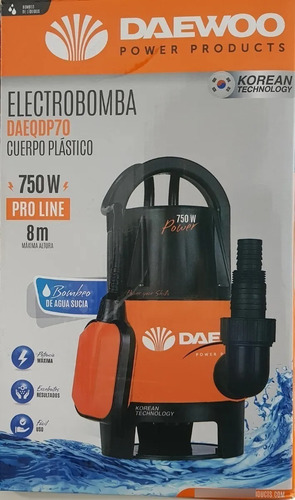 Imagen 4 de 7 de Bomba Sumergible Daewoo 1hp Agua Sucia Cloacal 750w Plastico