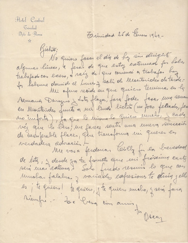 Flores 1949 Carta Manuscrita Desde Hotel Central De Trinidad