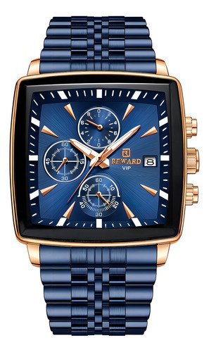 Reloj Cronógrafo Reward Square Quartz Con Calendario Fondo Azul