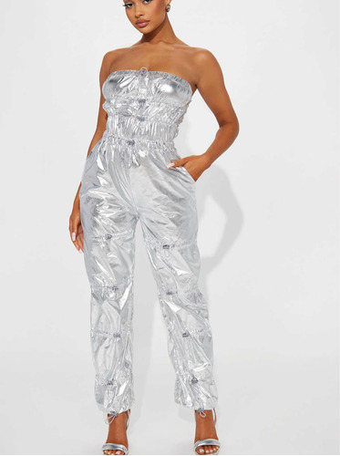 Enterizo Jumpsuit Metálico Silver Fashion Nova Talla S