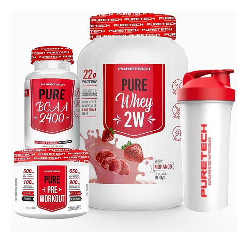 Combo Puretech Whey 2w + Bcaa + Pré Treino + Coqueteleira