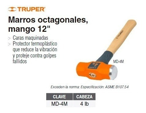 Marrón Maceta Octogonal 1,8kg Mango Madera 30cm Truper Md-4m