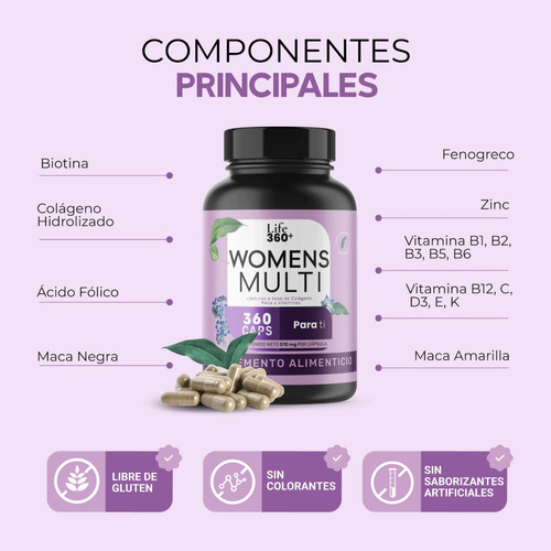 Imagen 4 de 5 de Multivitaminico Mujer 360 Capsulas Vitaminas Para Mujer Life Sabor Sin Sabor (vitaminas Mujer)