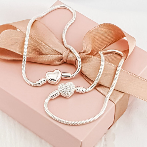 Pulseira Berloqueira Fecho Coração Cravejado Prata 925