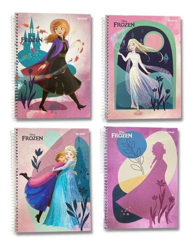  Jandaia Star School Frozen Anna Elsa Caderno Universitário Espiral Grande Capa Dura Uma Materia 80 folhas  listradas 1 assuntos kit x 4 27.5cm x 20cm frozem ana elsa