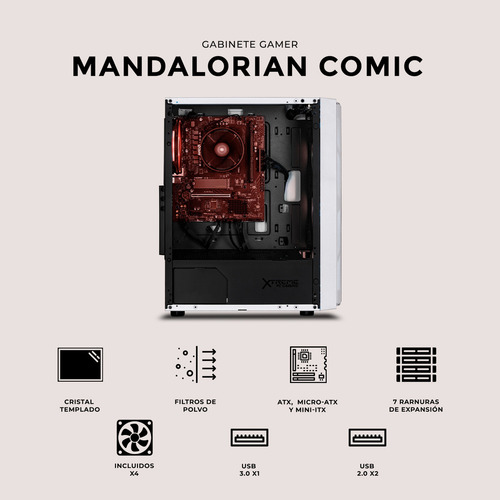 Gabinete Gamer Xtreme Pc Gaming Mandalorian Comic Edition Media Torre Atx 600w 4 Fan Argb Cristal Templado Blanco