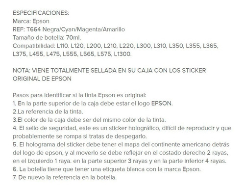 Imagen 7 de 7 de Tinta Epson T664 Original Botella 70ml Rojo/azul/amarilla
