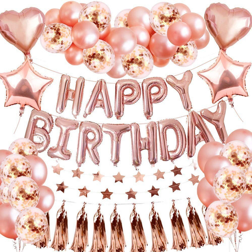 Set Feliz Cumpleaños Rosa Gold Estrella Confeti Borlas