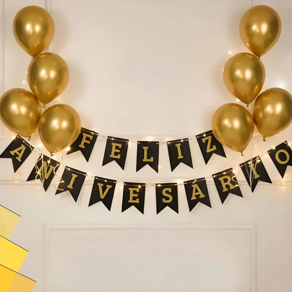Bandeira Faixa Feliz Aniversário Papel + Led 2 Metros Pisca Preto E Dourado Bandeira Feliz Aniversário
