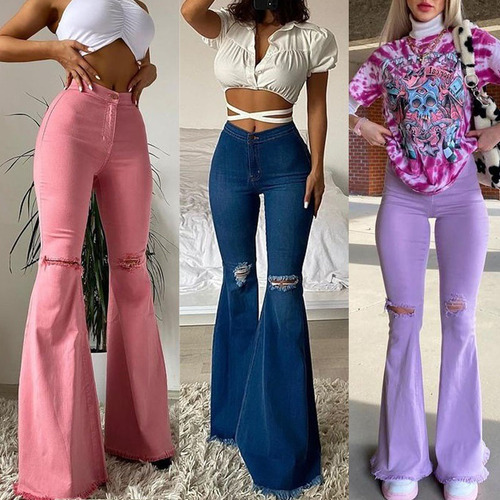 Pantalones Vaqueros Elásticos De Dama Pantalones Acampanados