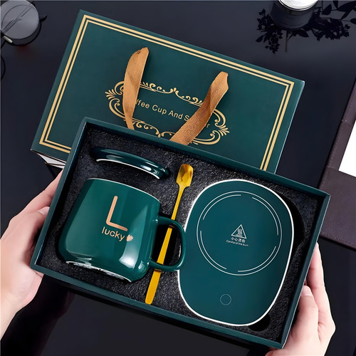 Taza Con Calentador Electrico 55° Taza De Café Y Bebidas Verde Oscuro