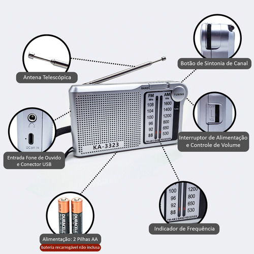 Rádio Fm Am Portátil Com Bateria E Pilhas