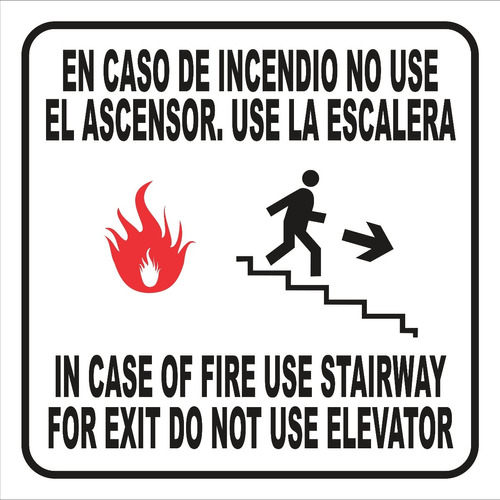 Cartel En Caso De Incendio No Use El Ascensor Blanco 15x15cm