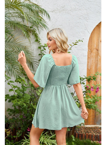 Mini Vestido Con Cordones Y Cuello En V A La Moda Para Mujer