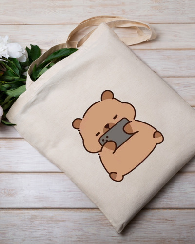Tote Bag Tela - Estampado De Capibara Con Celular - 40x35cm Beige Capibara Con Celu