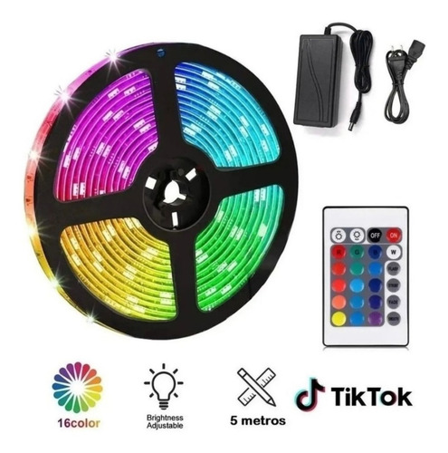 Imagen 3 de 5 de Pack Tiktok: Cinta Led Colores 5mt + Control Rgb + Adaptador