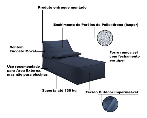 Chaise Premium Com Encosto Móvel Outdoor Azul Marinho Taípe