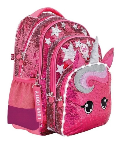 Mochila Footy Unicornio Lentejuela Espalda 18 Luces Led 