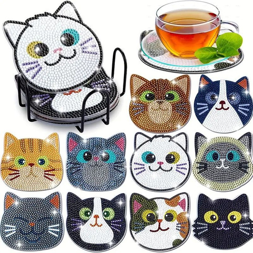 10 Pcs Posavasos Gatito Pintura De Diamantes Con Soporte Color Negro Cute Cat