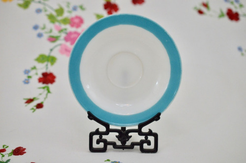 Plato Taza Te Opalina Pyrex Pattern Turquoise Stripe C1950