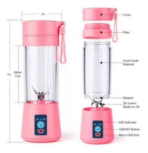 Liquidificador industrial portátil Mini Liquidificador Portátil Suco Vitamina Shake 380 mL con USB rosa e jarra de polipropileno 10V - 12V