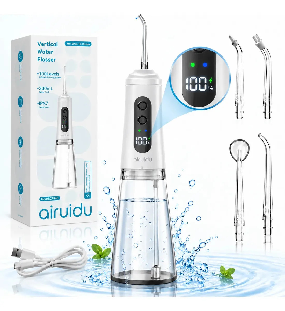 Irrigador Bucal Portátil Dental 100 Niveles Alta Presión Airuidu CF540 con Pantalla LED 4 Boquillas para Limpieza Profunda