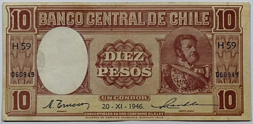 Billete Chile 10 Pesos Del 20-xi-1946 Tev- H59 - 060949