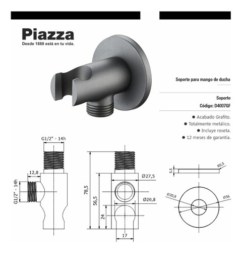 Soporte De Ducha Mano Baño Piazza Con Toma De Agua Grafito