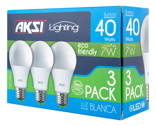Pack De 3 Focos Led Aksi 7w Eco A19 Base E27 Luz Blanca